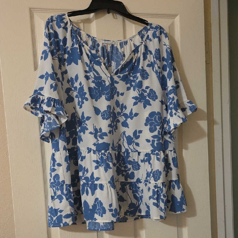 Staccato Blue and White Flutter Sleeve Blouse